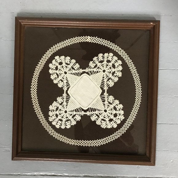 Vintage 1930s Tatting and Crochet Doily Lace Textile Fiber Art Framed